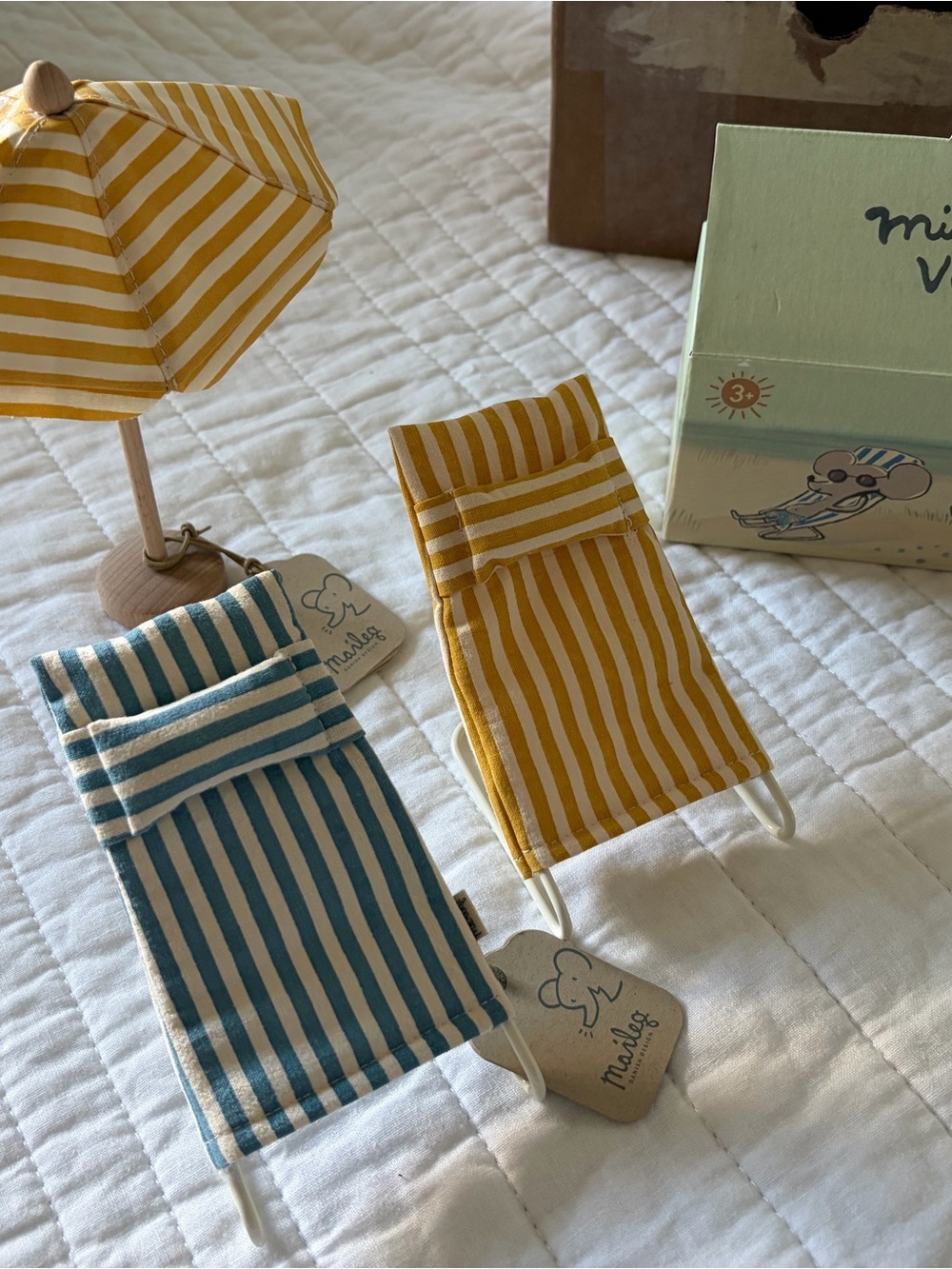 Maileg Miniature Striped Lounge Chairs Set and Umbrella